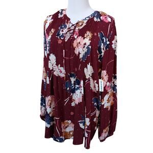 NEW OLD NAVY Burgundy Floral Boho Peasant Top Blouse Tunic Large‎ Flowy Tucks